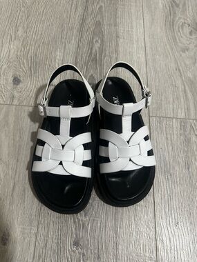 Zara White and Black Kids Woven Strap Sandals